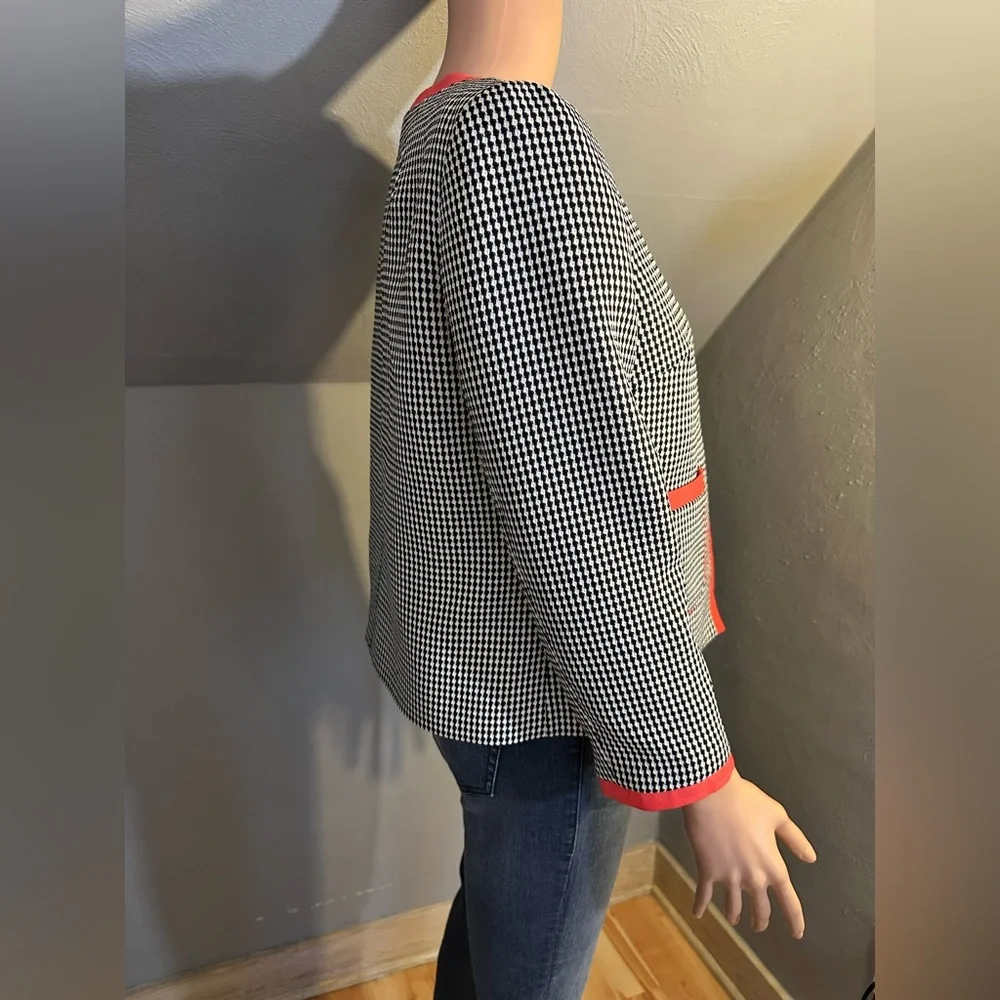 Nine West Houndstooth Jacket Coral Trim Open Front Blazer Size 8 GUC
